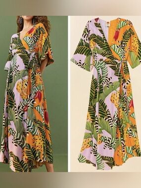 Farm Rio mixed striped bananas wrap dress